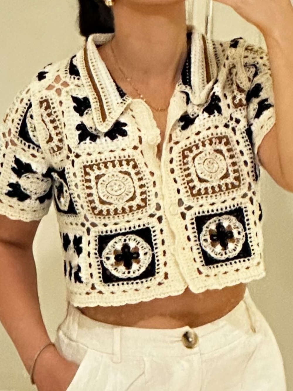 Cropped Crochet Cardigan Top in Cream and Black
